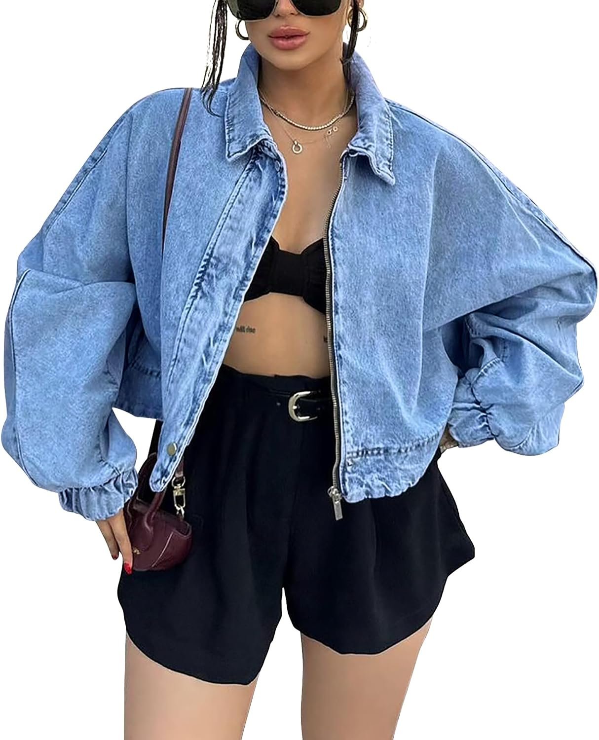 Oversized Cropped Denim Bomber Jacket with Zip Up Design